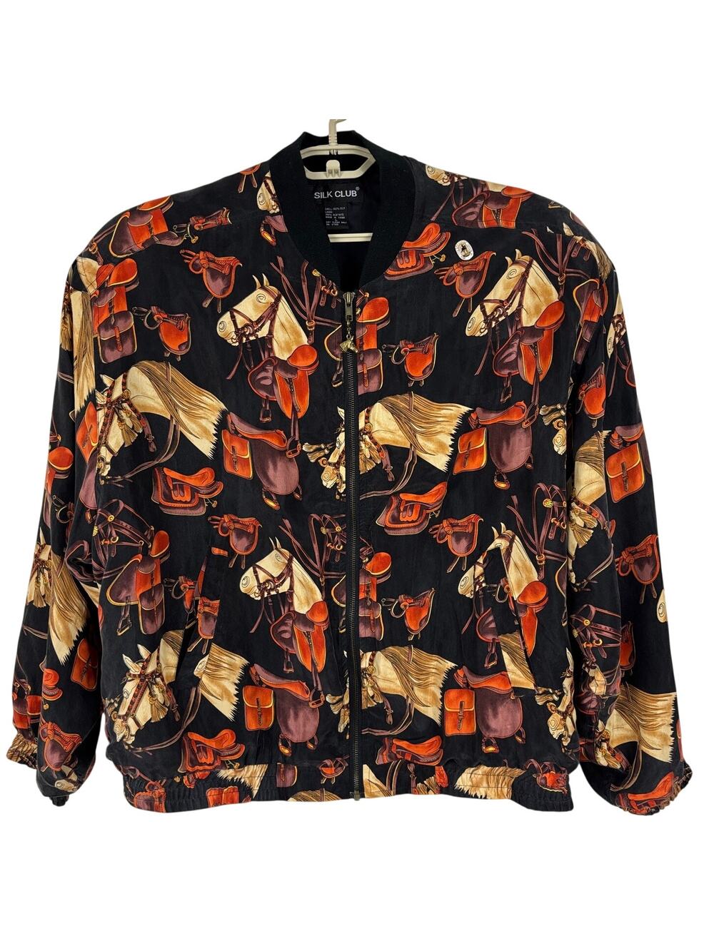 Vintage Silk Club Equestrian Print Bomber Jacket Large preppy